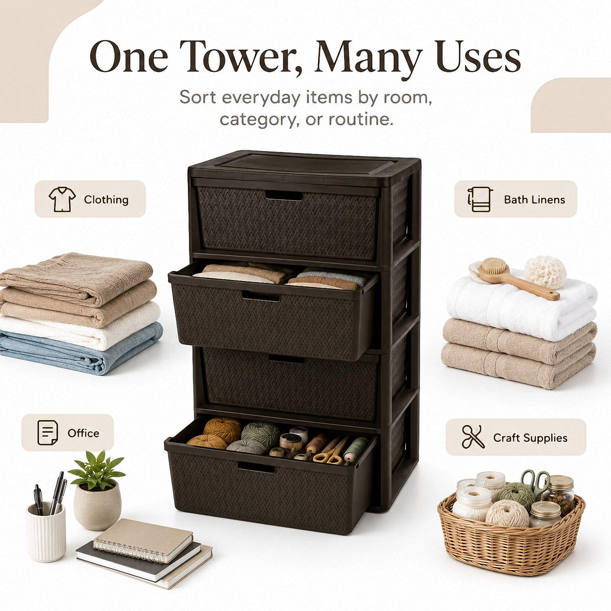 Brown 4-Drawer Plastic Storage Tower C158