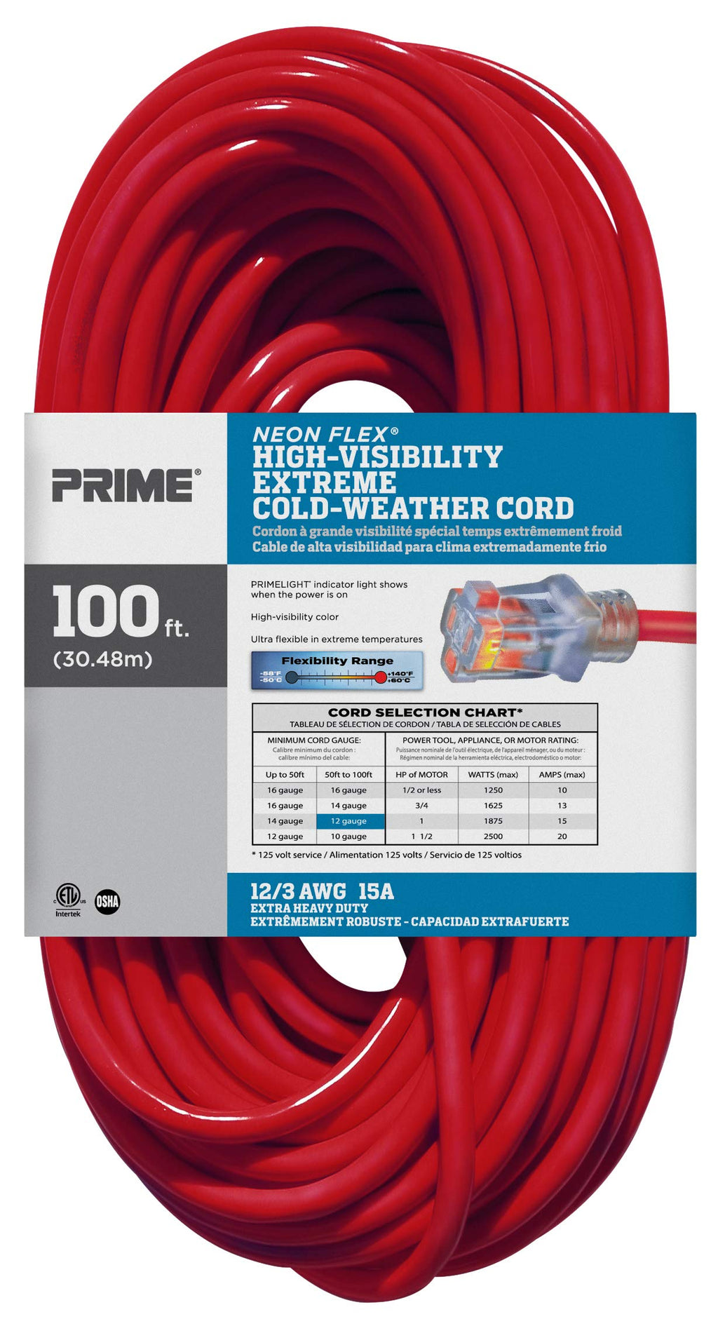 100-Foot 12/3 SJTW Outdoor Extension Cord with Light Indicator, Neon Red X93598