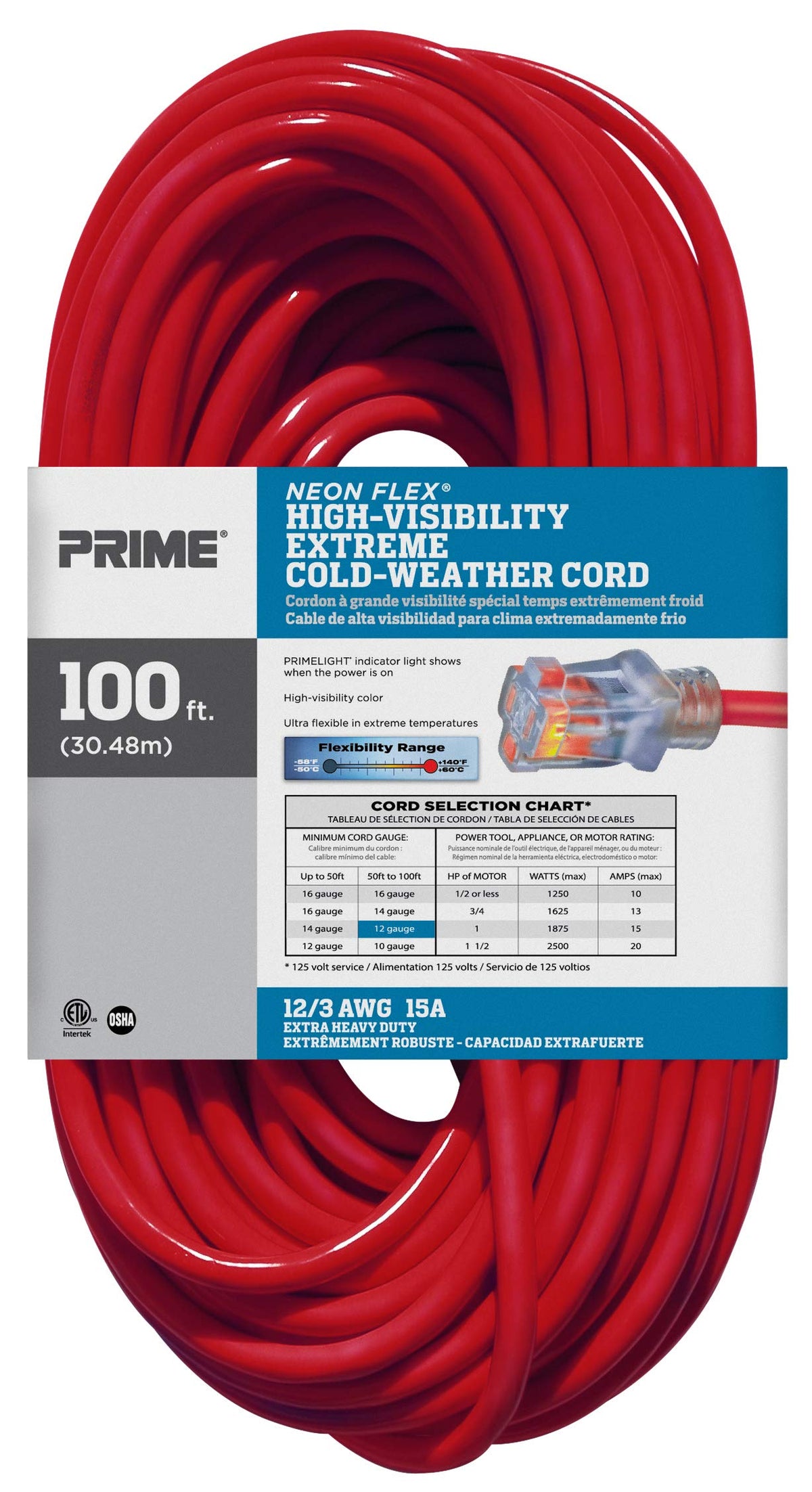 100-Foot 12/3 SJTW Outdoor Extension Cord with Light Indicator, Neon Red X93598