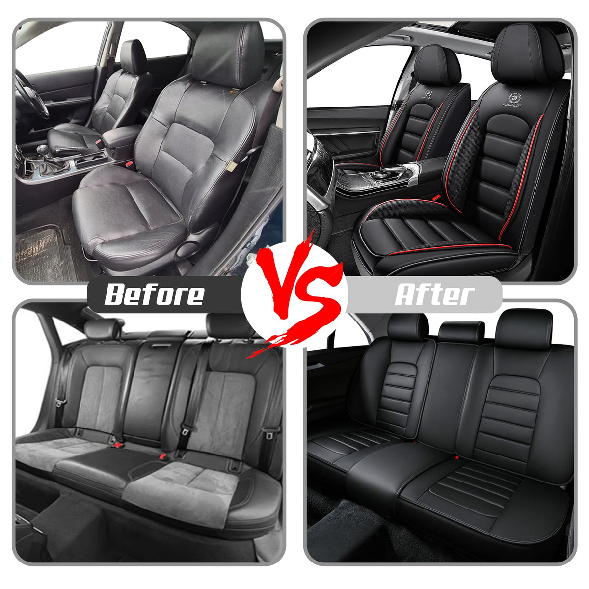 Waterproof Nappa Leather Full Coverage Car Seat Covers Full Set Black Red E49071