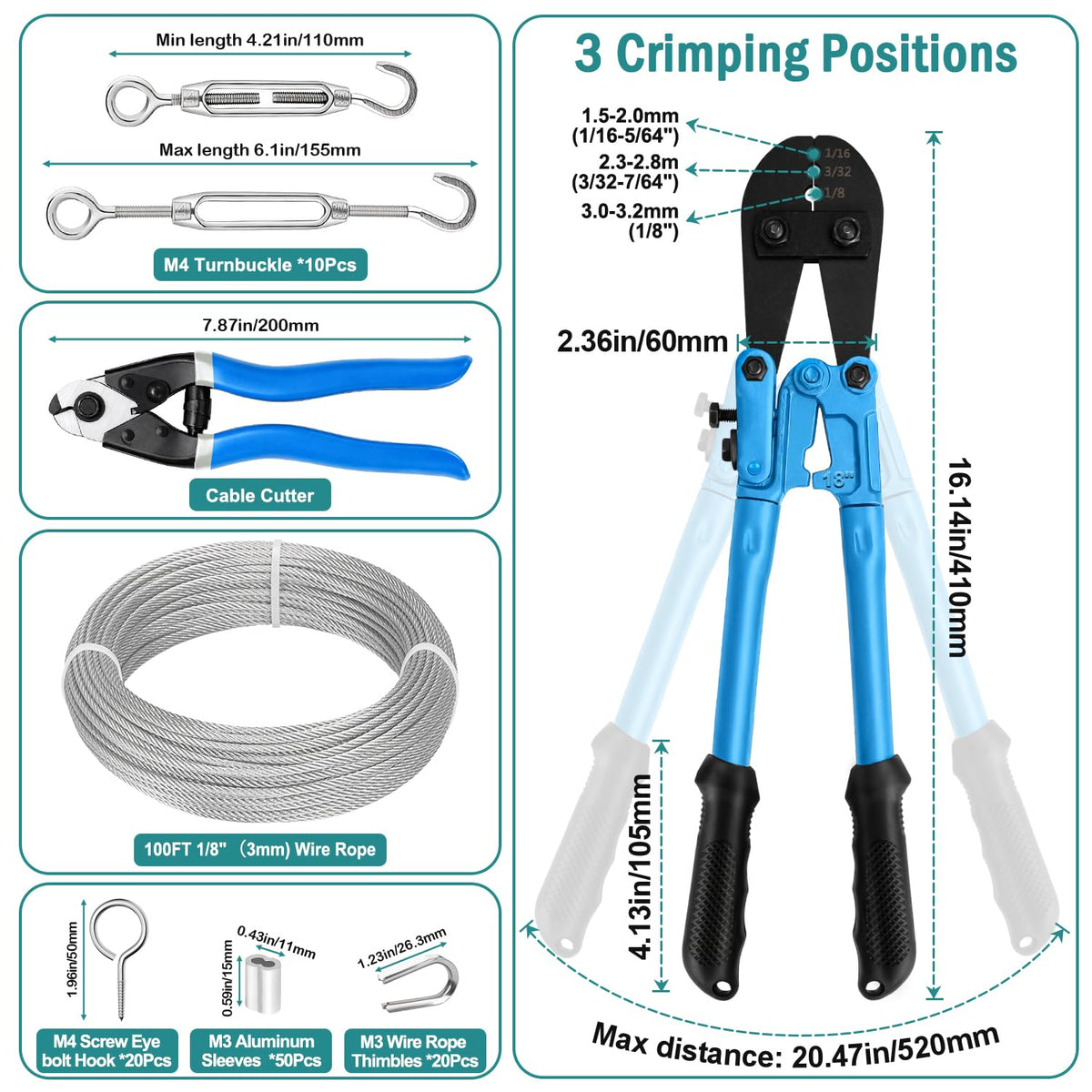 1/8 Wire Rope Kit, 100ft Stainless Steel Cable with Crimping Tool & Cutter S445