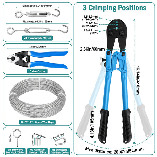 1/8 Wire Rope Kit, 100ft Stainless Steel Cable with Crimping Tool & Cutter S445
