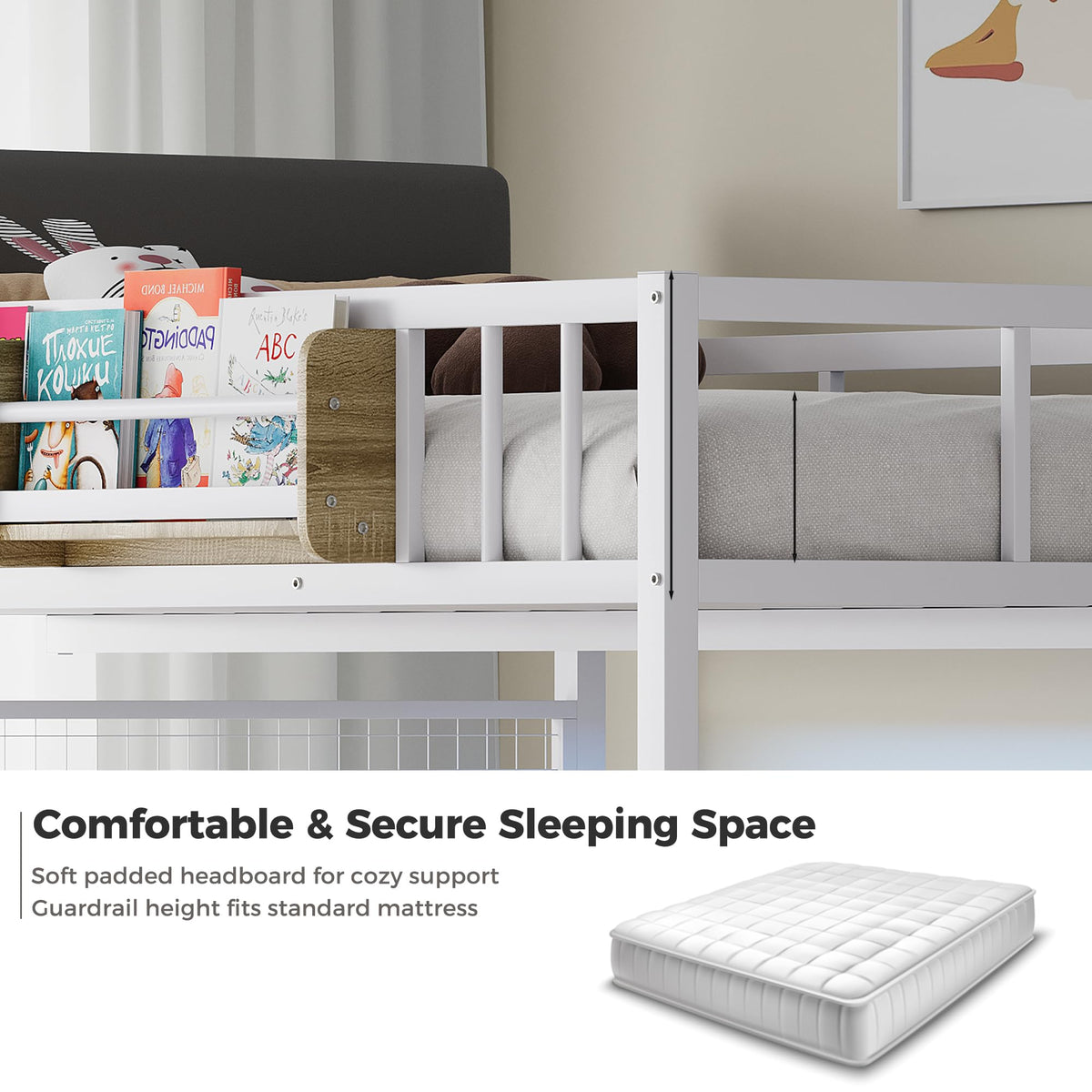 Full Over Twin L-Shaped Metal Loft Bunk Bed with Desk, Stairs, Drawers, Shelves, Charging Station and LED Light C42504