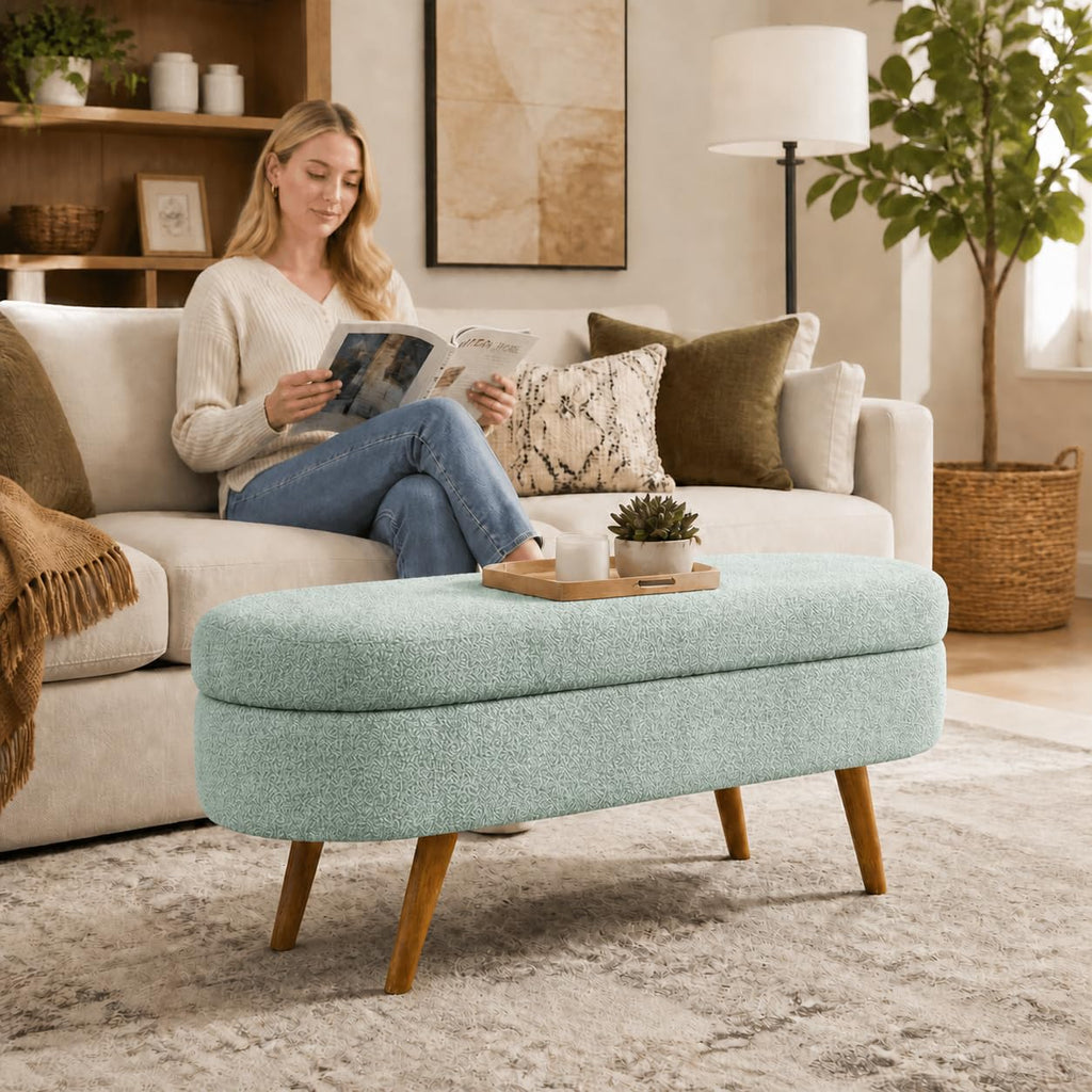Cream Oval Boucle Storage Ottoman with Wooden Legs A207