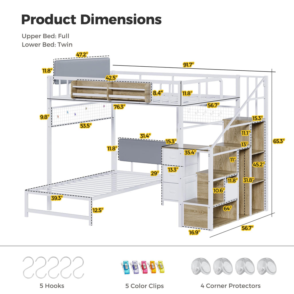Full Over Twin L-Shaped Metal Loft Bunk Bed with Desk, Stairs, Drawers, Shelves, Charging Station and LED Light C42504
