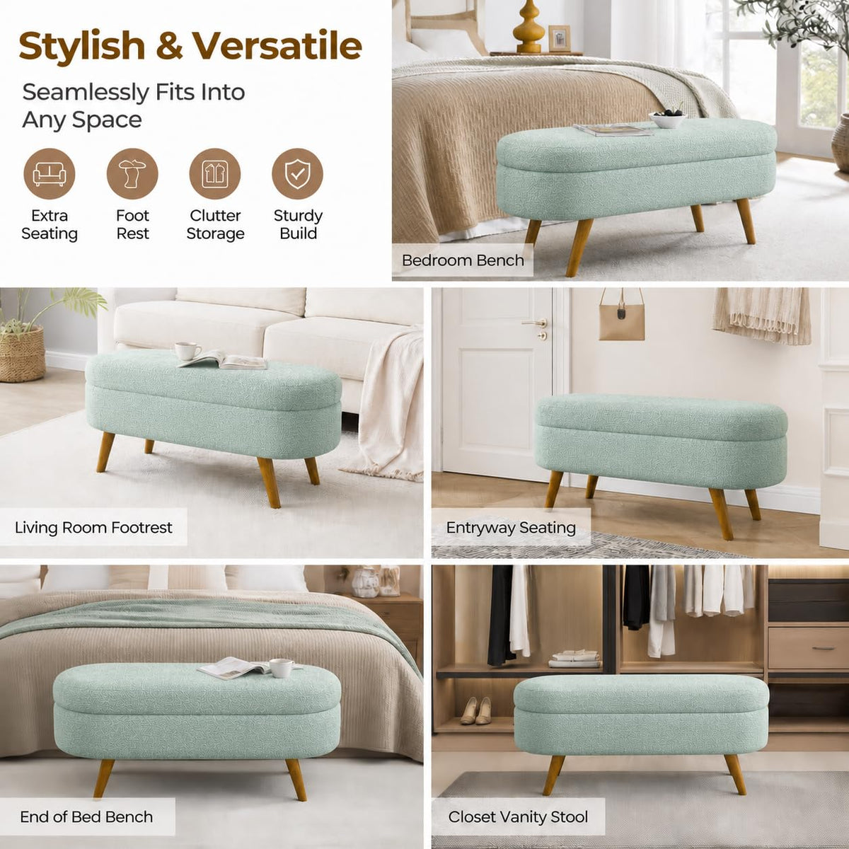 Cream Oval Boucle Storage Ottoman with Wooden Legs A207