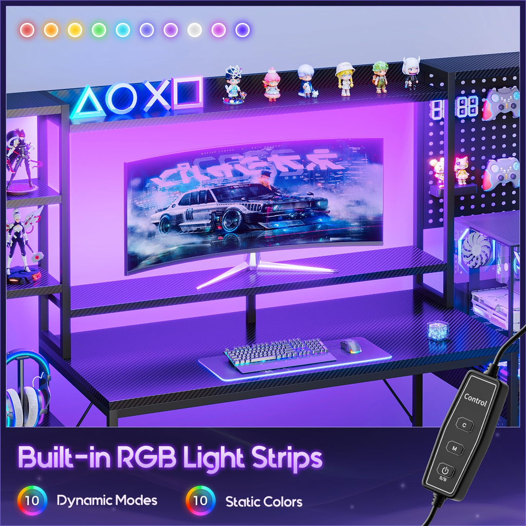 67 Inch Gaming Desk with Storage Shelves, 3 Drawers, LED Lights, Hutch I509
