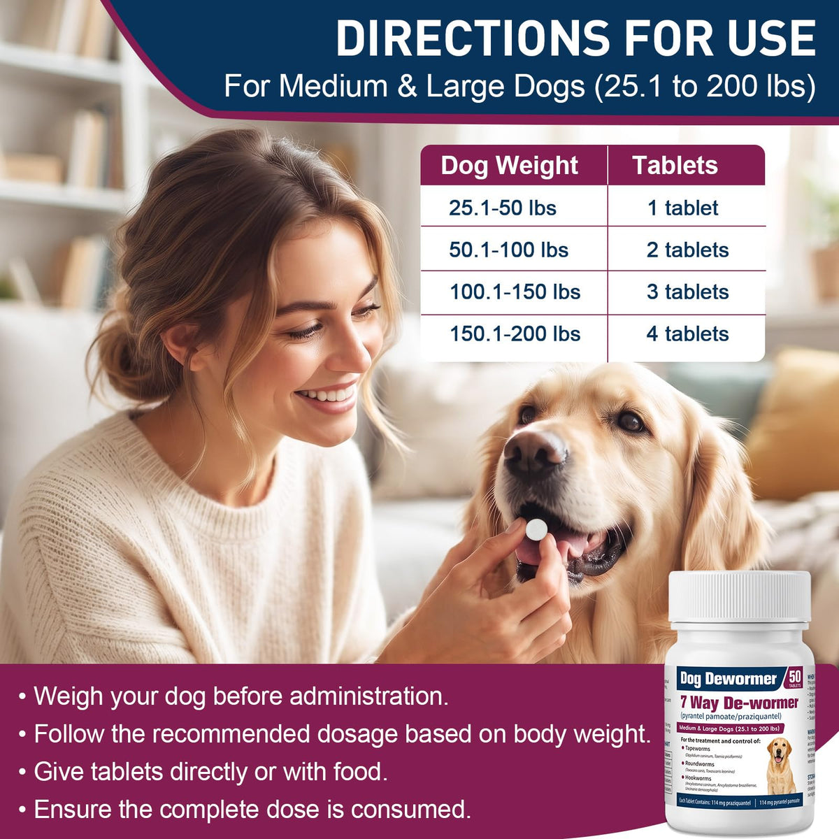 7-Way Dewormer for Large Dogs & Puppies, 50 Tablets U3619