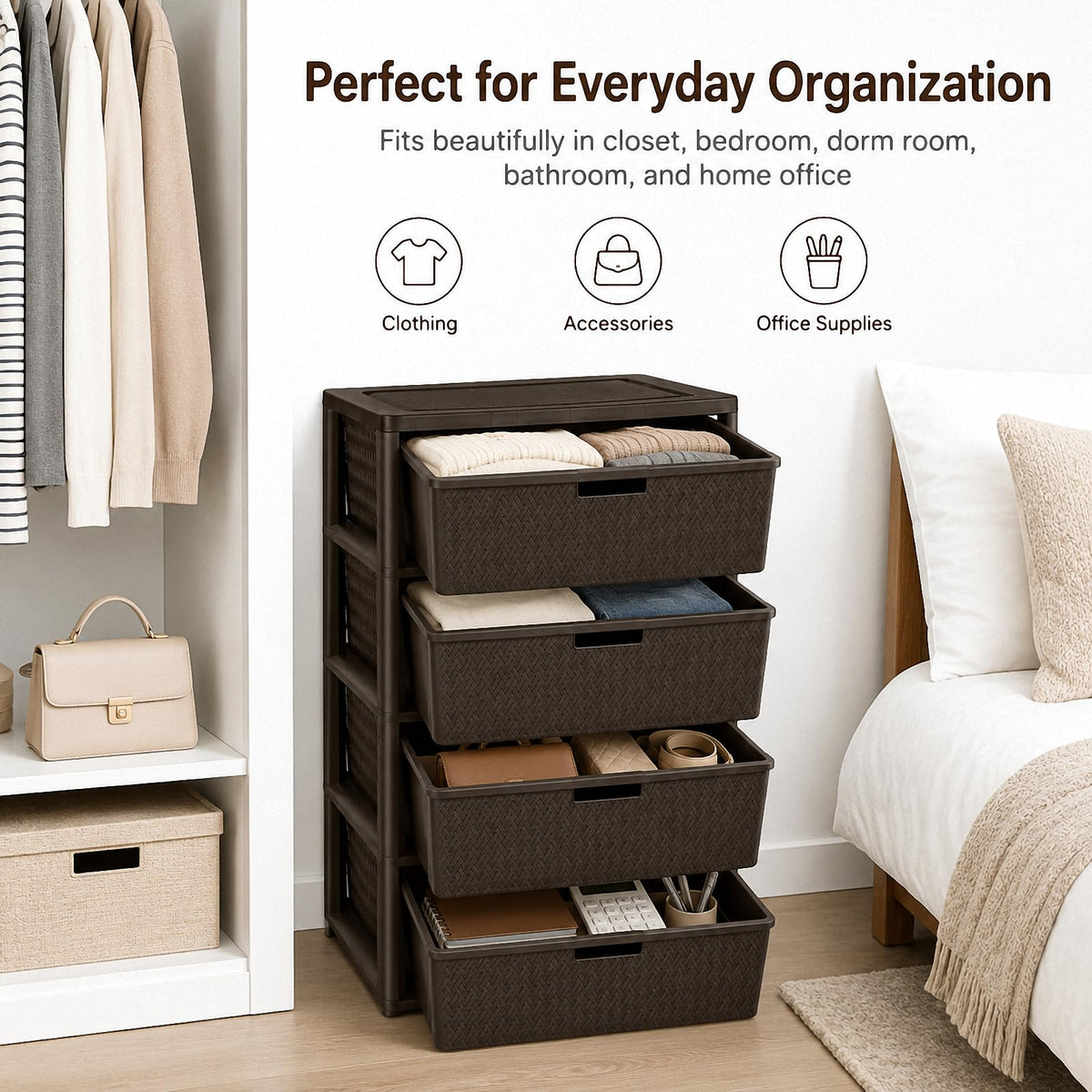 Brown 4-Drawer Plastic Storage Tower C158