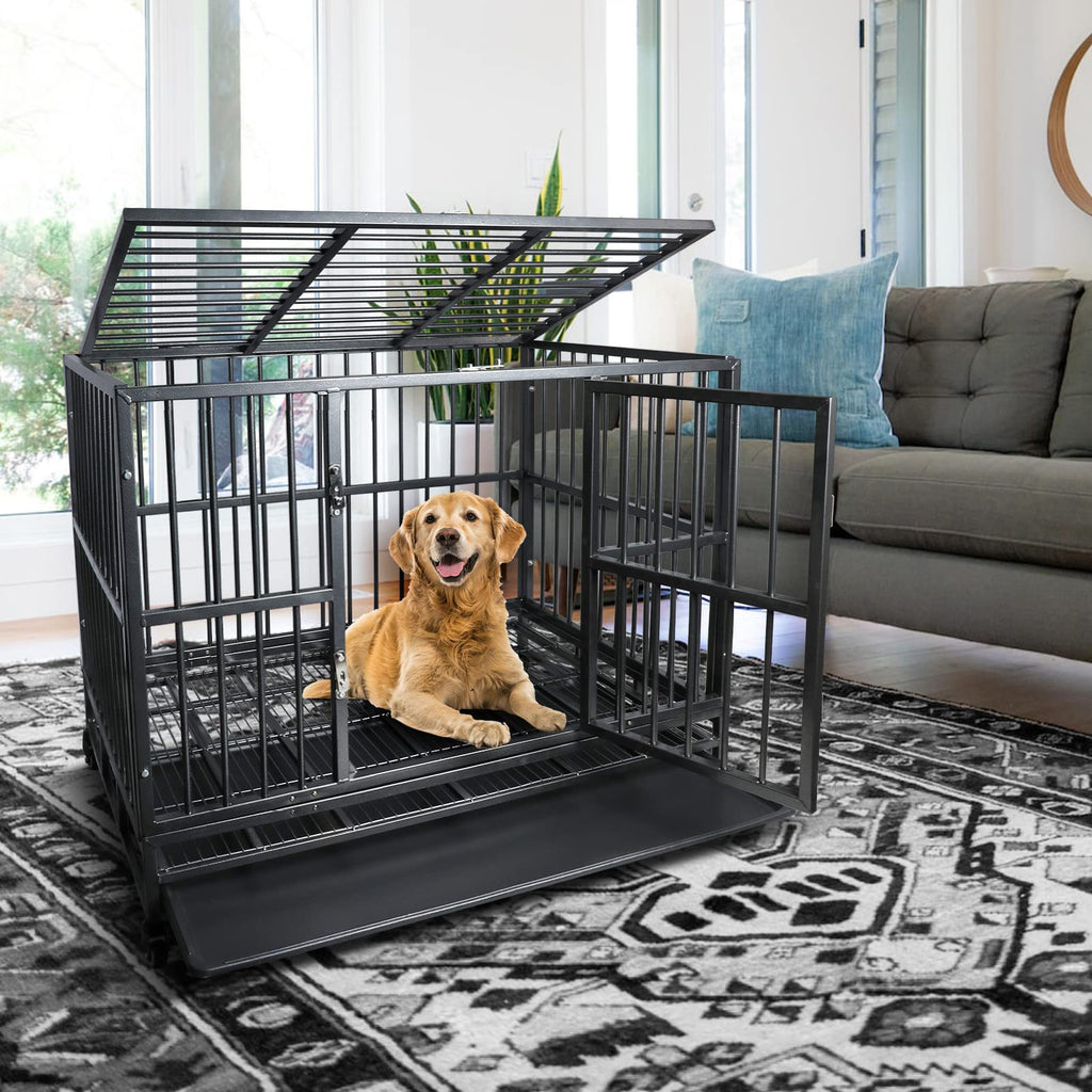 42 inch Heavy Duty Metal Dog Cage with Double Doors & Lockable Wheels I746401