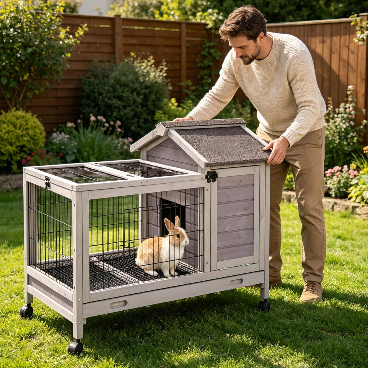 Wooden Rabbit Cage with Pull Out Tray and Wheels A875