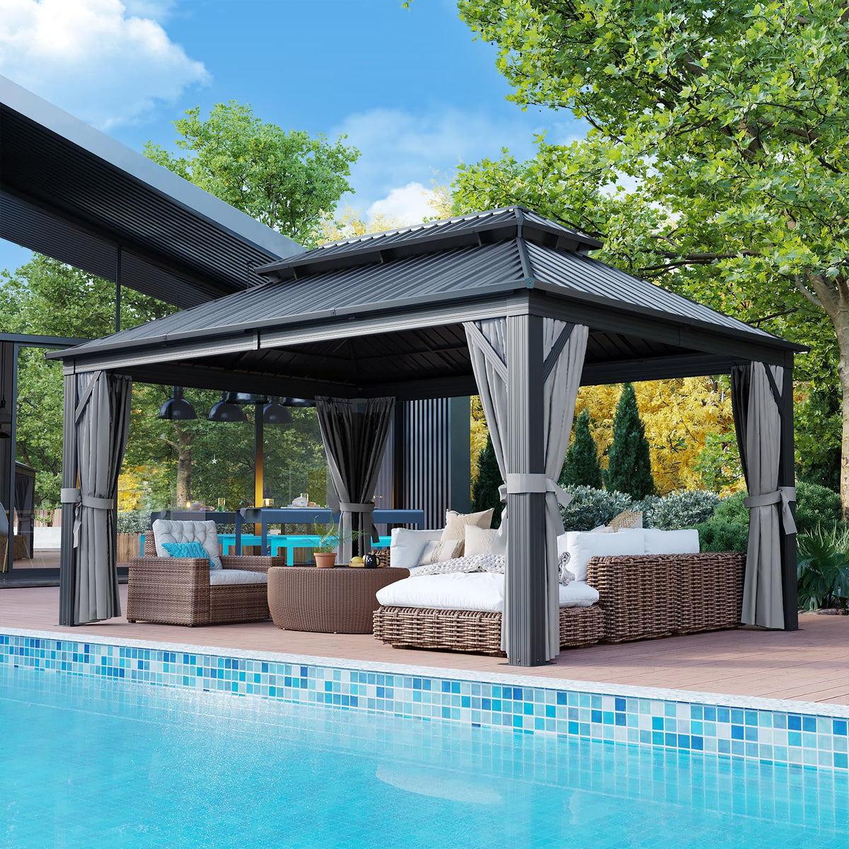 12FT X 16FT Hardtop Gazebo with Mosquito Netting and Curtains F538235