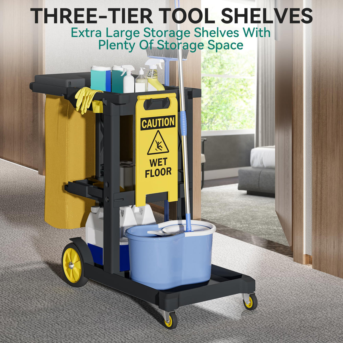 Black 3-Shelf Cleaning Cart on Wheels J9901