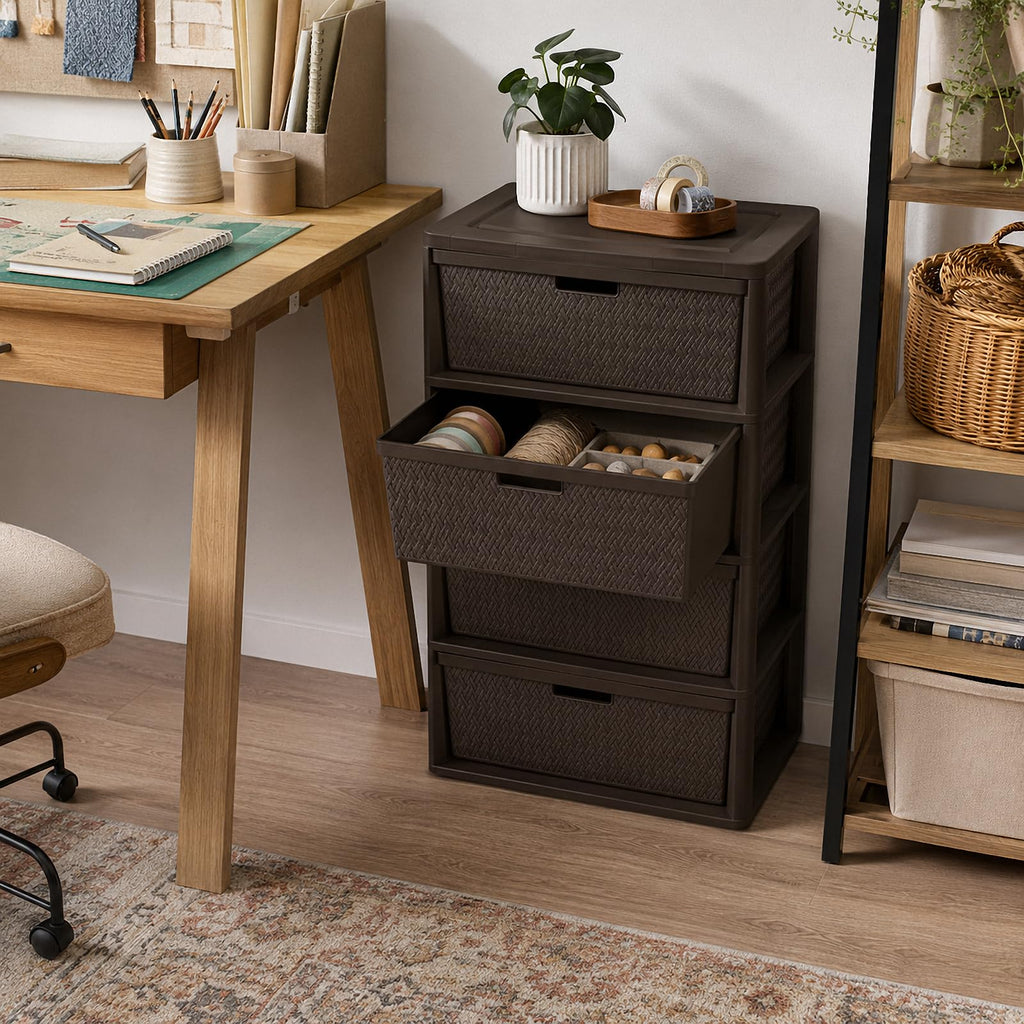 Brown 4-Drawer Plastic Storage Tower C158