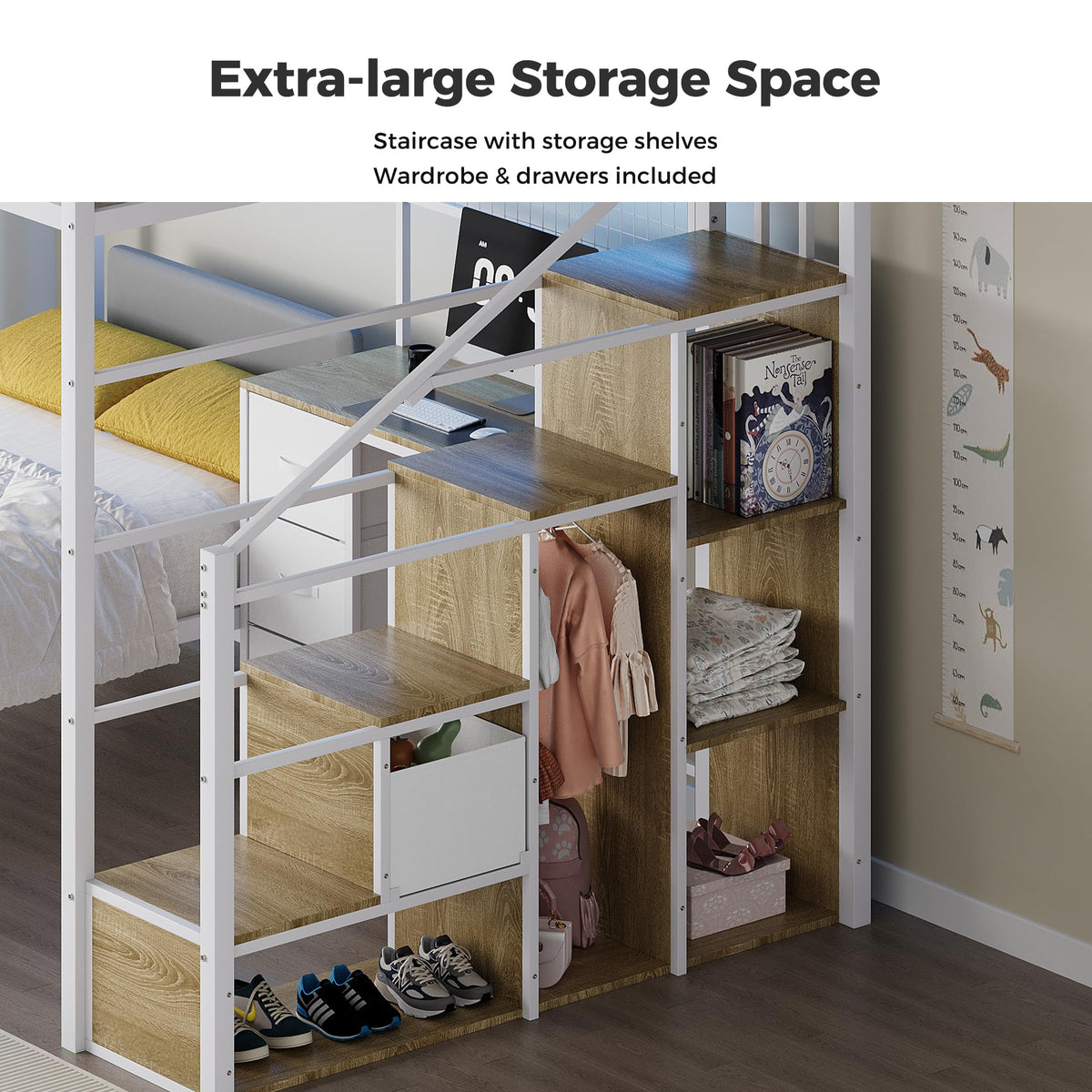 Full Over Twin L-Shaped Metal Loft Bunk Bed with Desk, Stairs, Drawers, Shelves, Charging Station and LED Light C42504