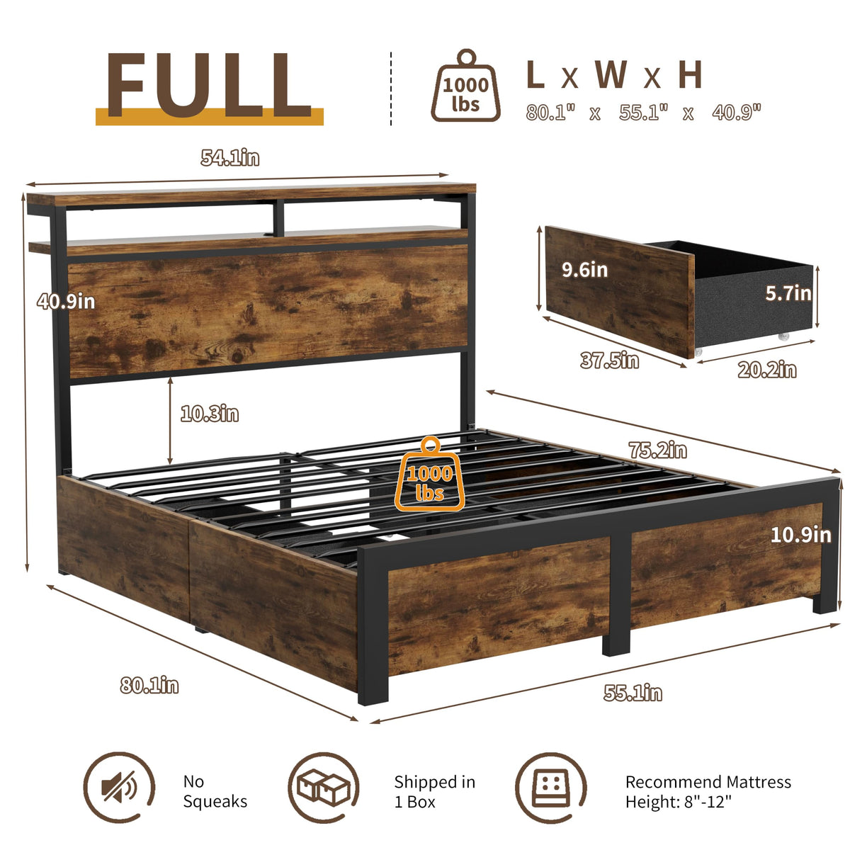 Full Bed Frame with 4 Storage Drawers V3801