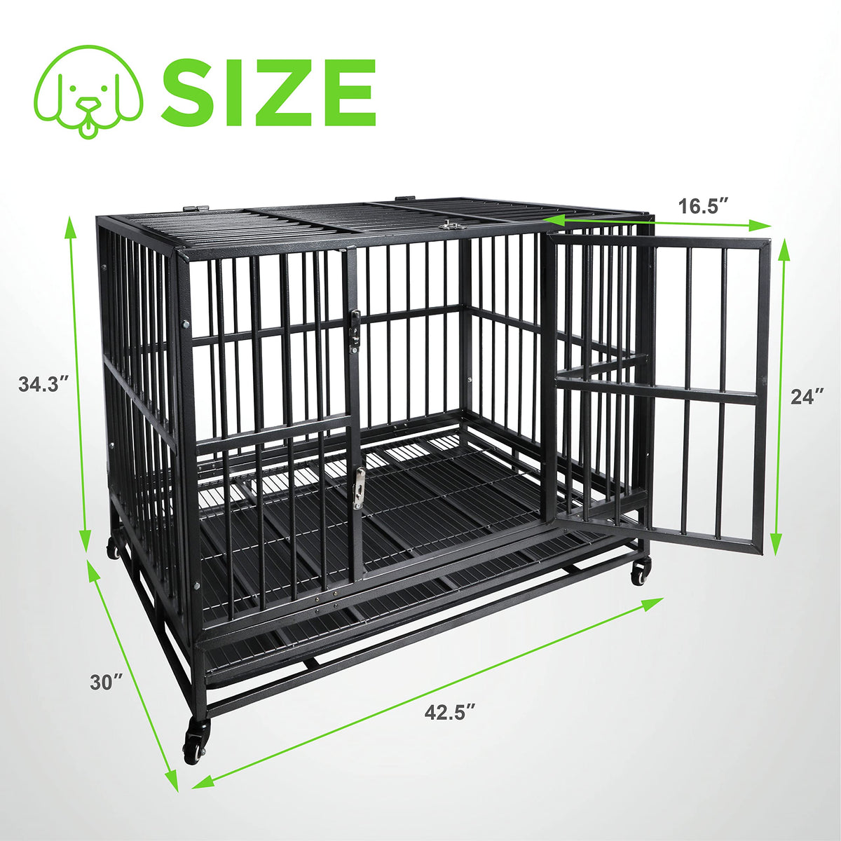 42 inch Heavy Duty Metal Dog Cage with Double Doors & Lockable Wheels I746401