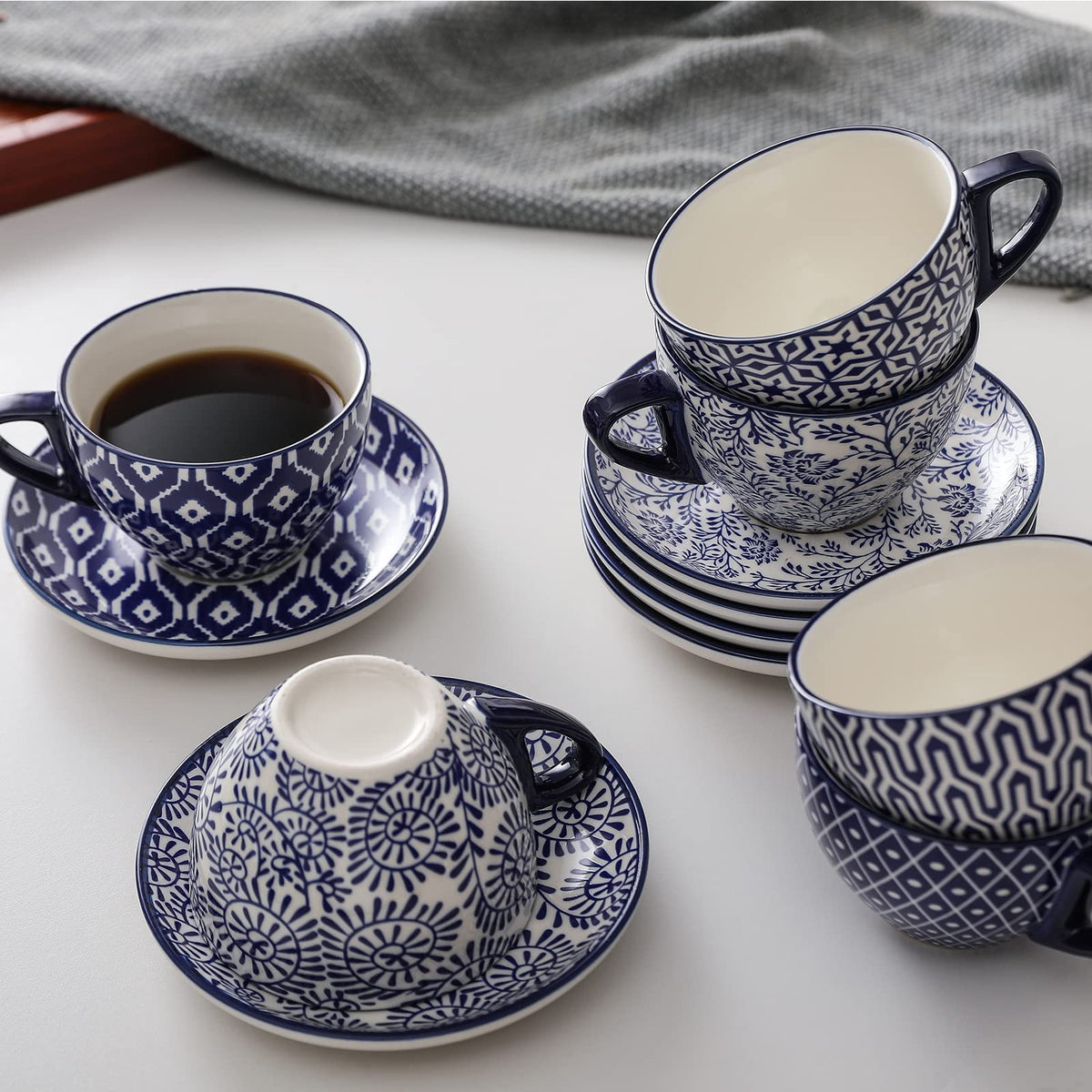 Ceramic Dinnerware Sets 12 Piece + 8 OZ Cappuccino Cup Set with Saucers J5986