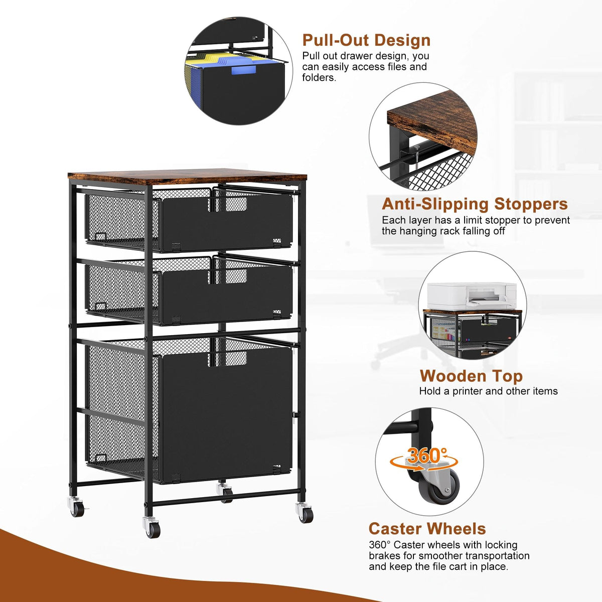 Black 3 Drawer Rolling File Cabinet with Printer Stand K447408