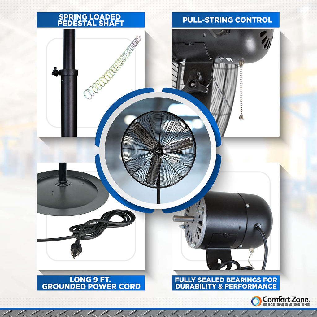 Industrial Pedestal Fan, 30 inch, 3 Speed, Adjustable Height, Metal X6706