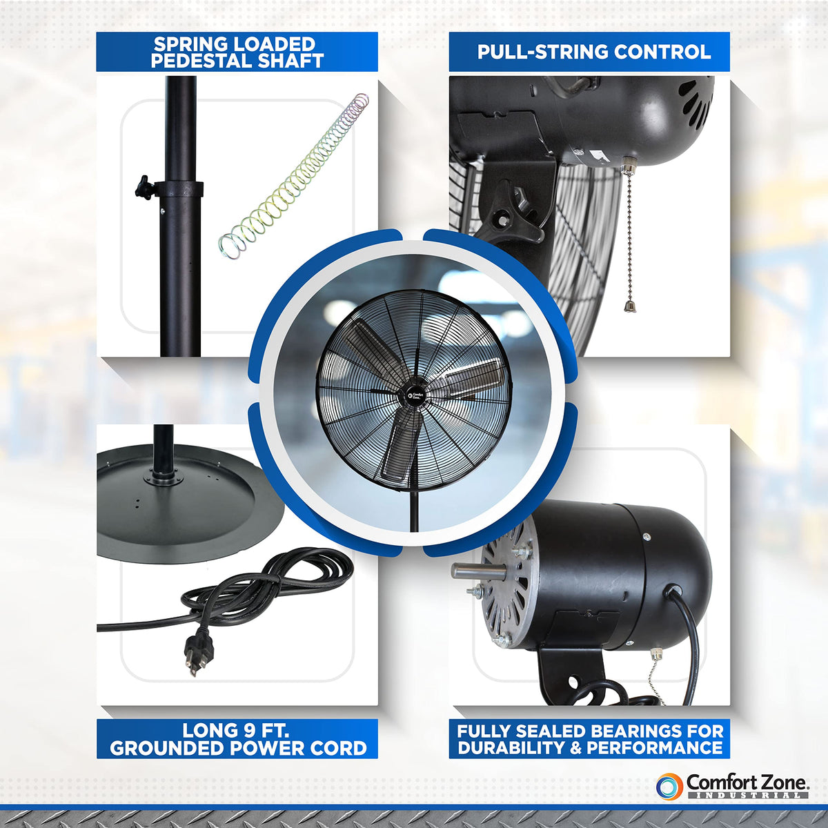 Industrial Pedestal Fan, 30 inch, 3 Speed, Adjustable Height, Metal X6706