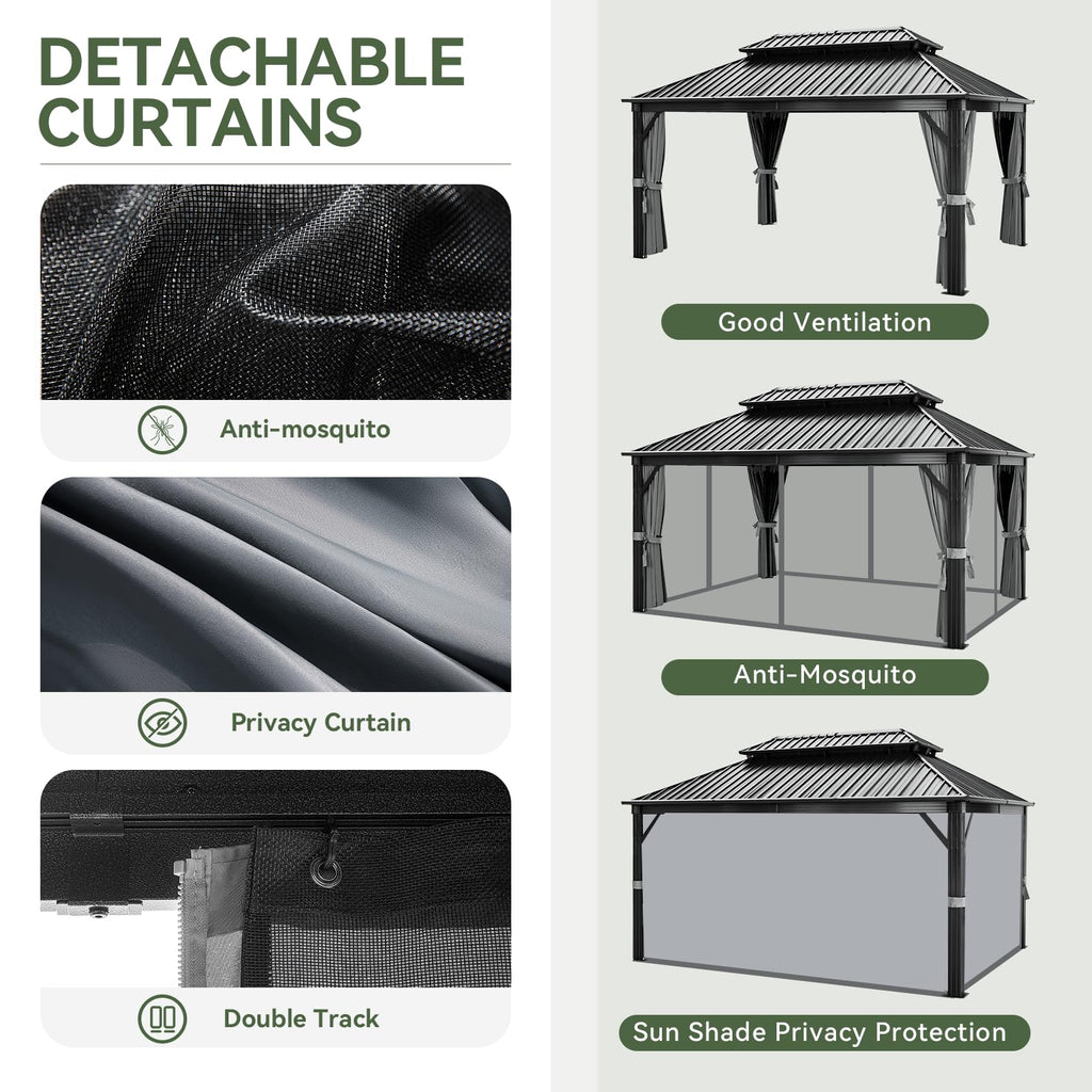 12FT X 16FT Hardtop Gazebo with Mosquito Netting and Curtains F538235