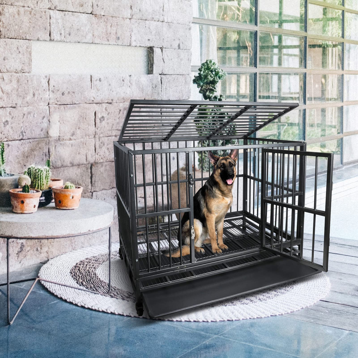 42 inch Heavy Duty Metal Dog Cage with Double Doors & Lockable Wheels I746401