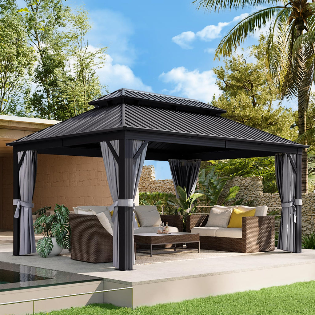 12FT X 16FT Hardtop Gazebo with Mosquito Netting and Curtains F538235