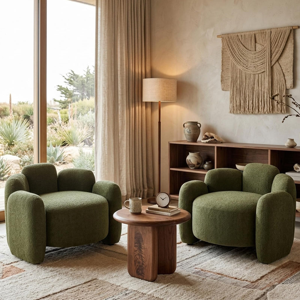 Green Mid-Century Modern Accent Chairs Set of 2 Upholstered Barrel Side Chairs with Solid Wood Base X478