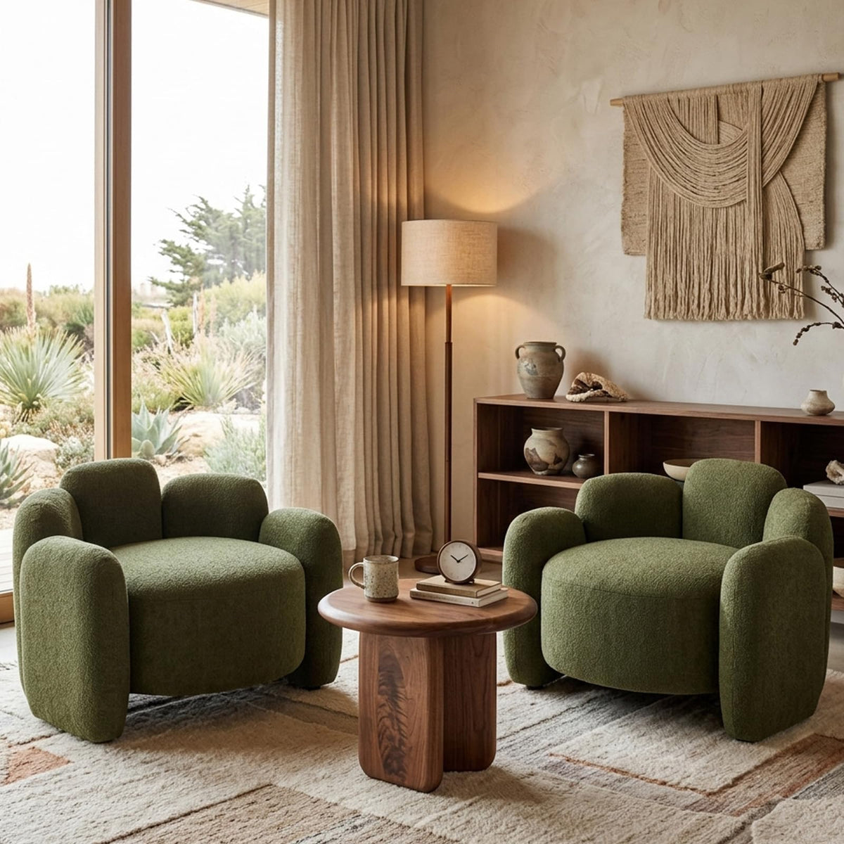 Green Mid-Century Modern Accent Chairs Set of 2 Upholstered Barrel Side Chairs with Solid Wood Base X478