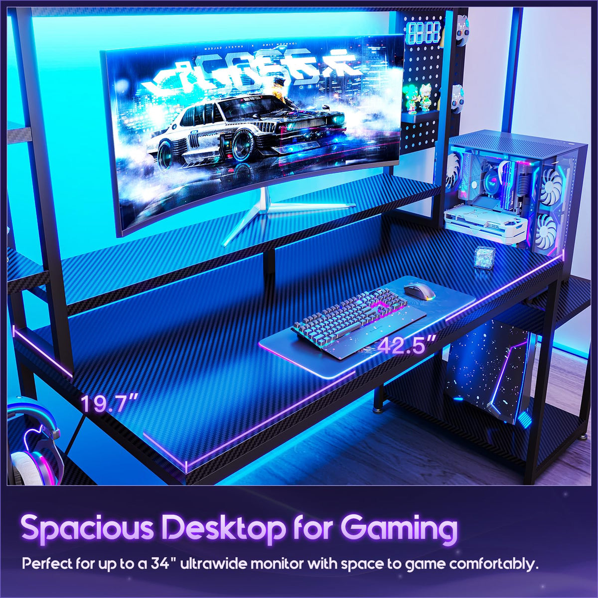 67 Inch Gaming Desk with Storage Shelves, 3 Drawers, LED Lights, Hutch I509