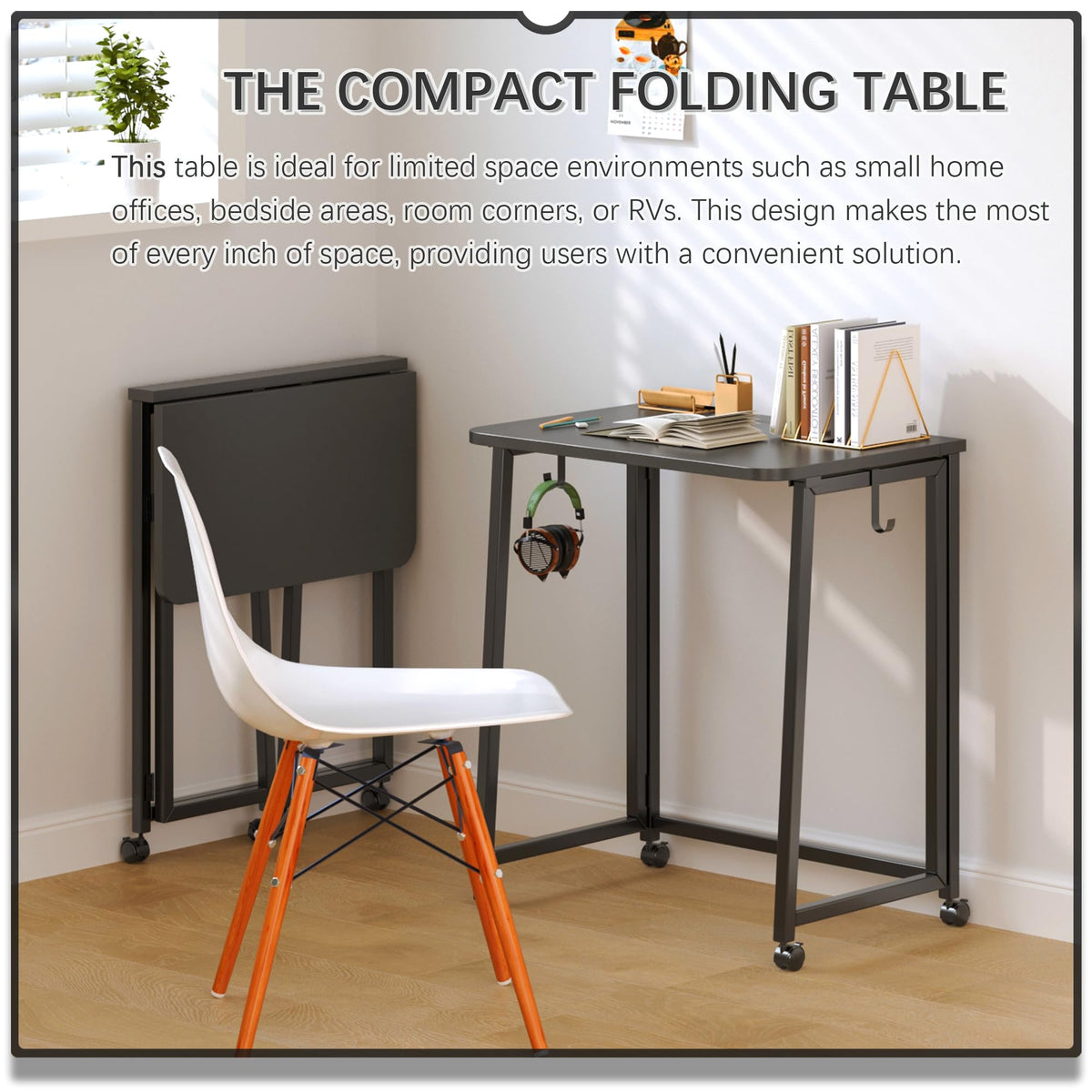 23.6" Folding Mobile Desk with Wheels, All Black Y750