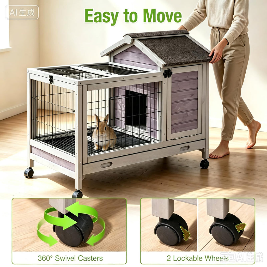 Wooden Rabbit Cage with Pull Out Tray and Wheels A875