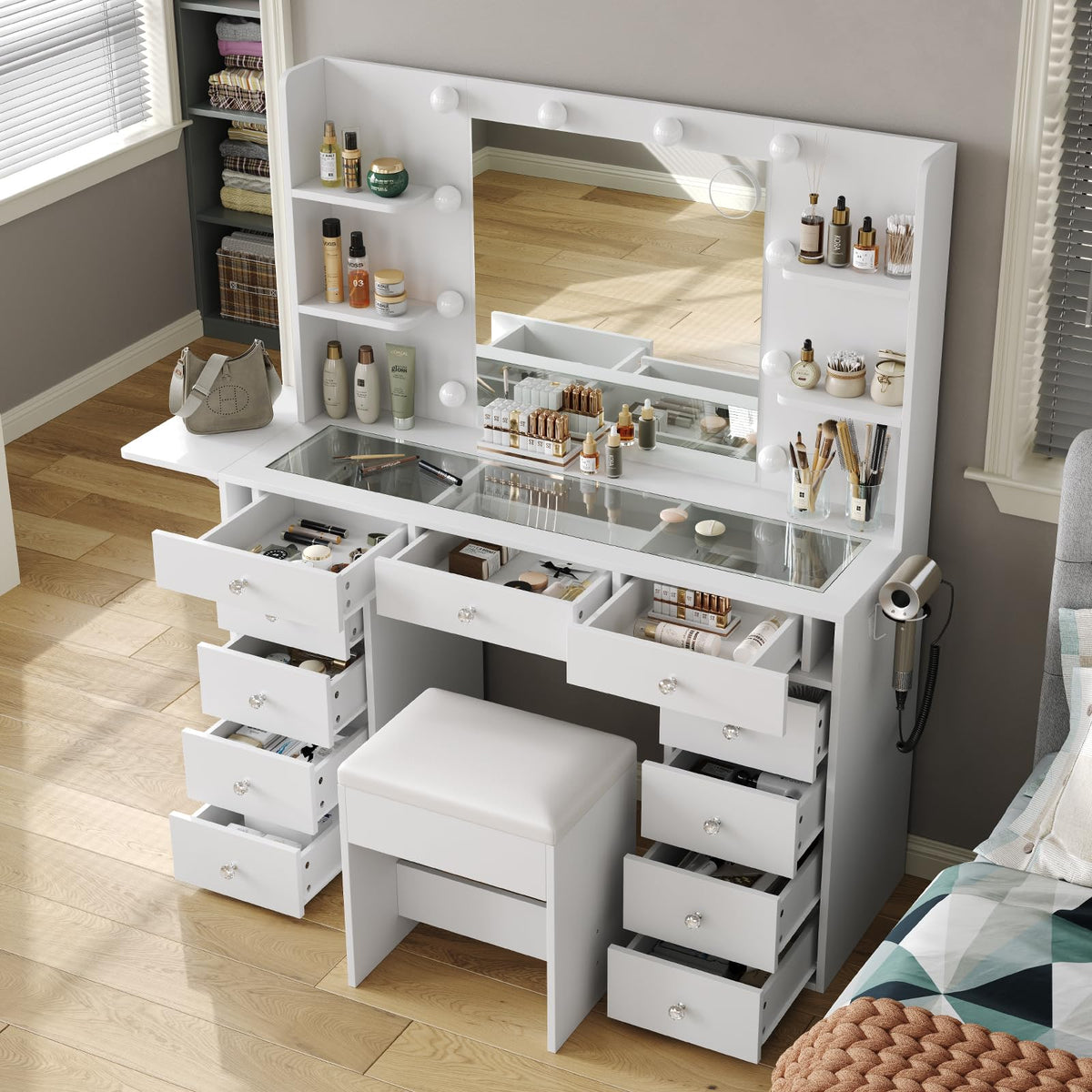 Vanity Desk with Mirror and 12 LED Lights, 11 Drawers & 4 Shelves X501185