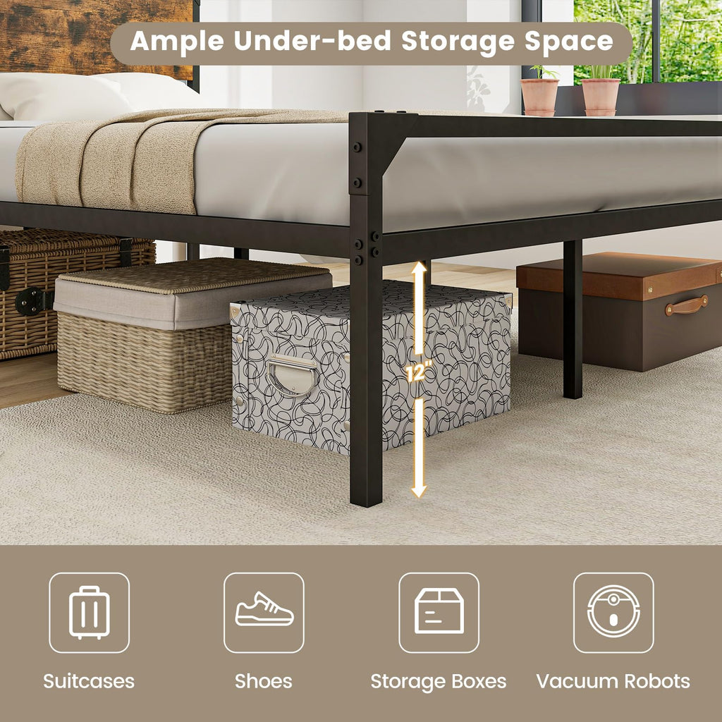 Full Size Metal Platform Bed Frame with Rustic Headboard K171105