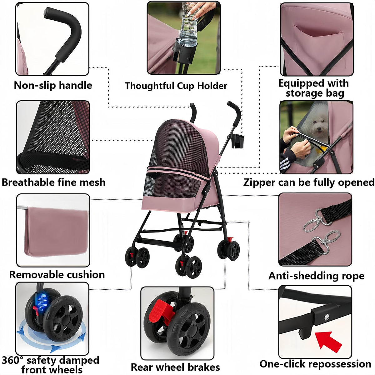 Foldable Lightweight Cat Stroller Pink H909425