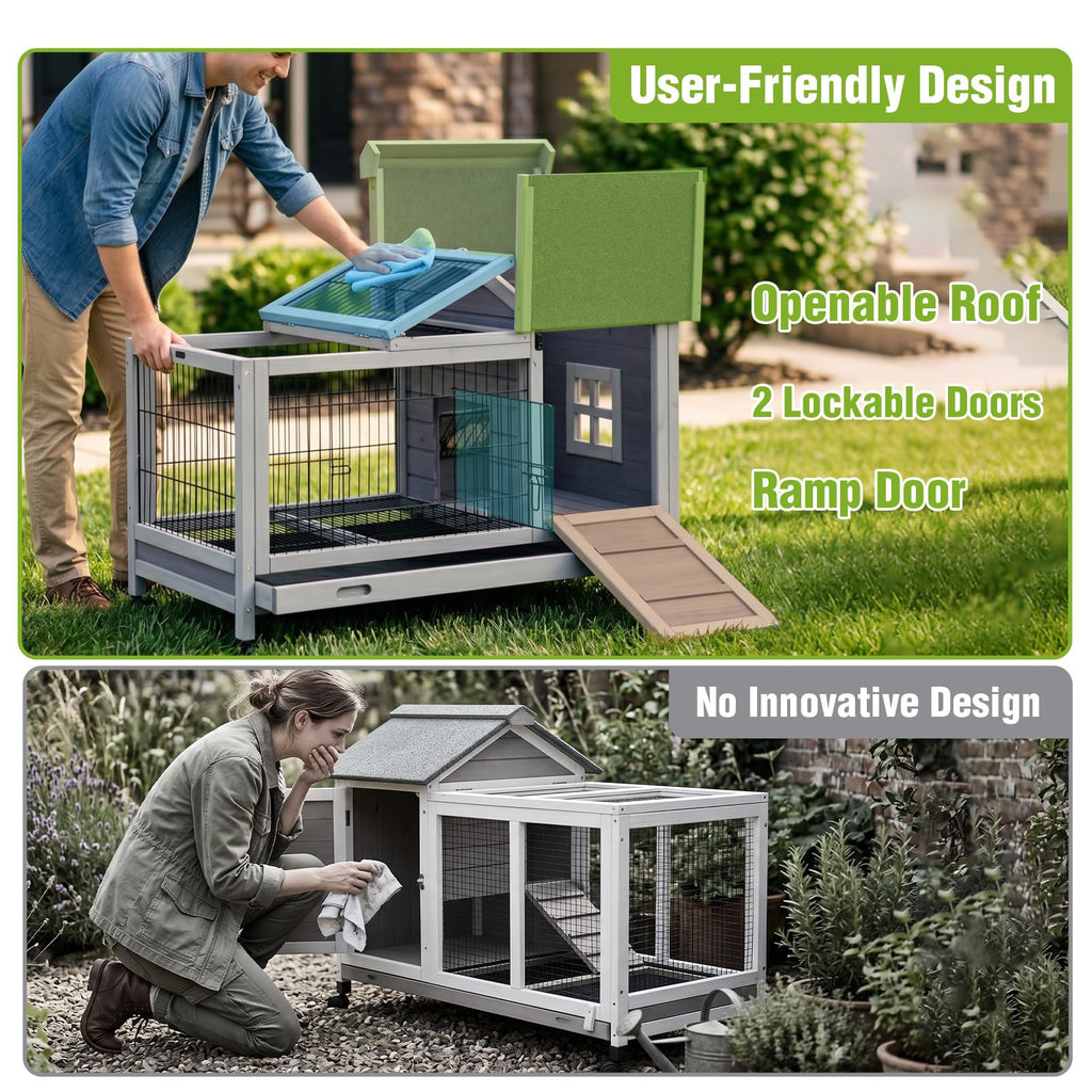 Wooden Rabbit Cage with Pull Out Tray and Wheels A875