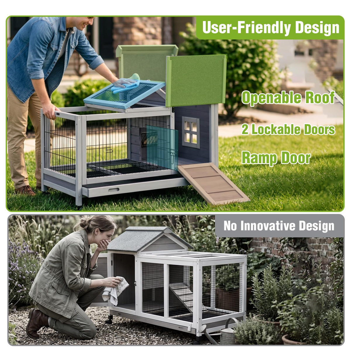 Wooden Rabbit Cage with Pull Out Tray and Wheels A875