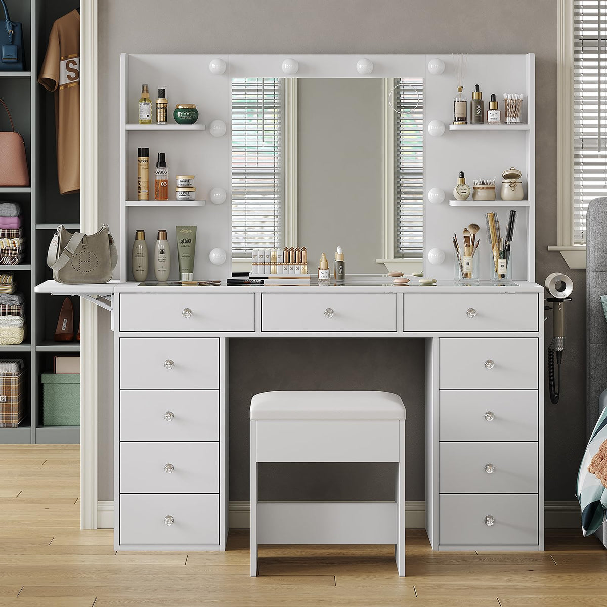 Vanity Desk with Mirror and 12 LED Lights, 11 Drawers & 4 Shelves X501185