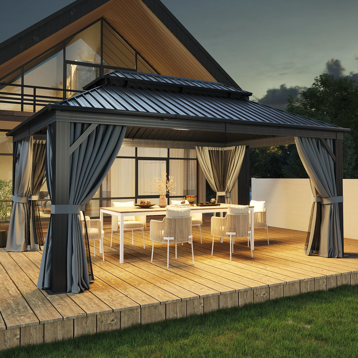 12FT X 16FT Hardtop Gazebo with Mosquito Netting and Curtains F538235