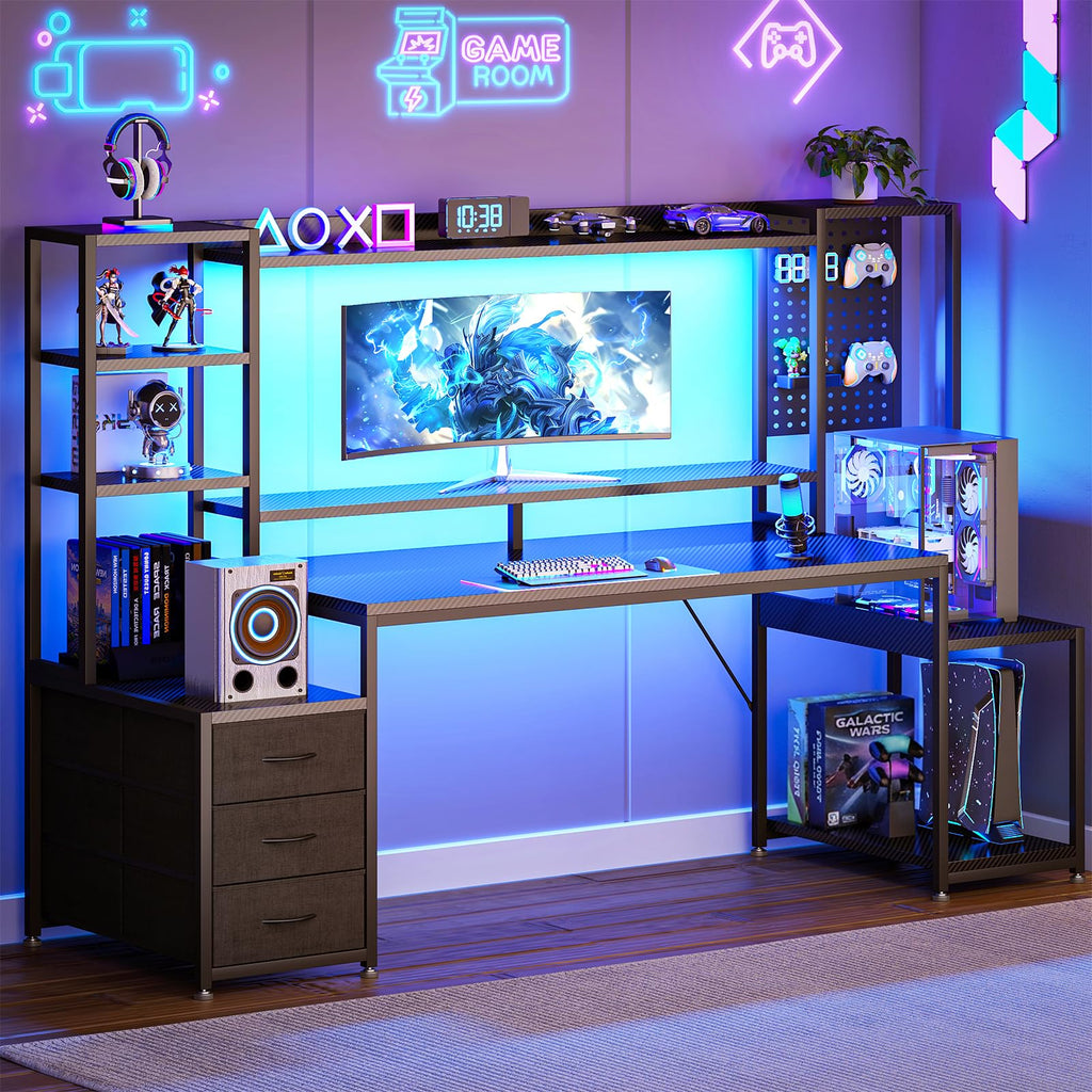 67 Inch Gaming Desk with Storage Shelves, 3 Drawers, LED Lights, Hutch I509