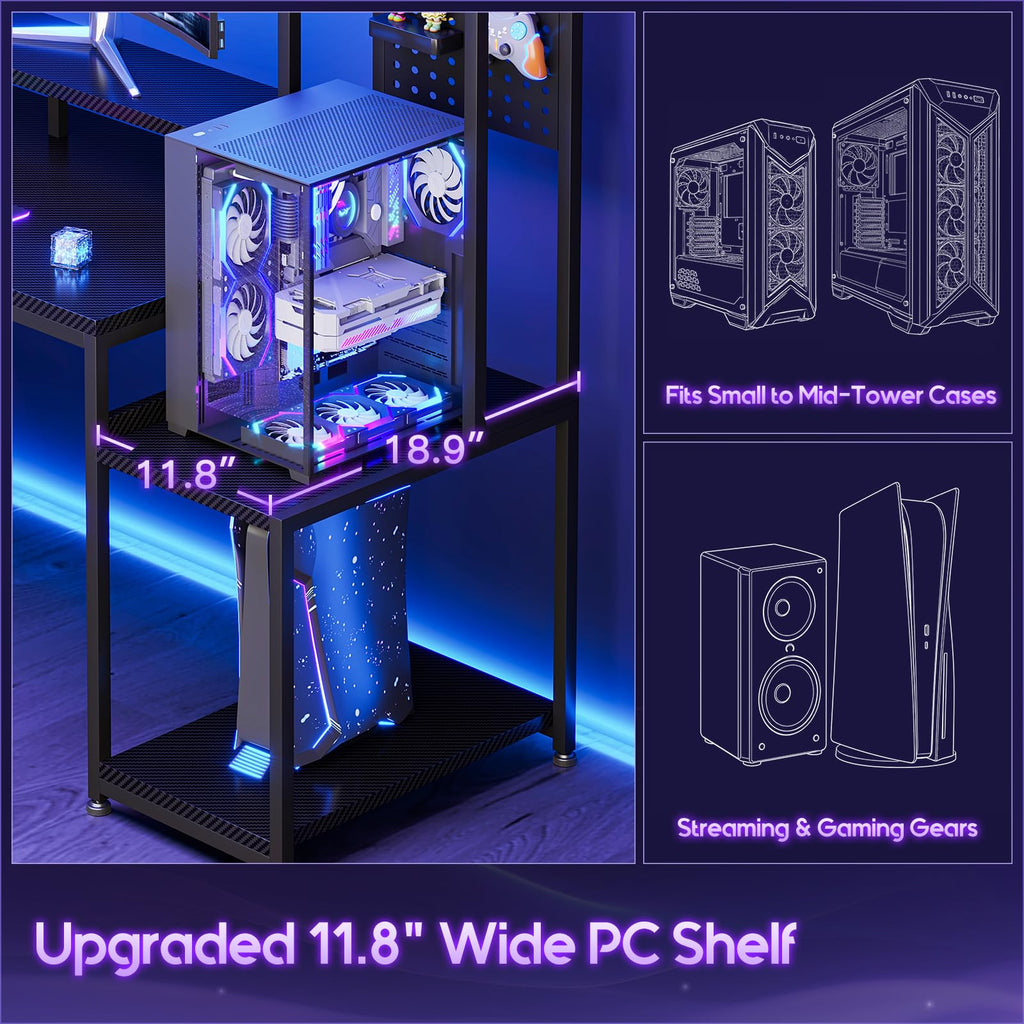 67 Inch Gaming Desk with Storage Shelves, 3 Drawers, LED Lights, Hutch I509