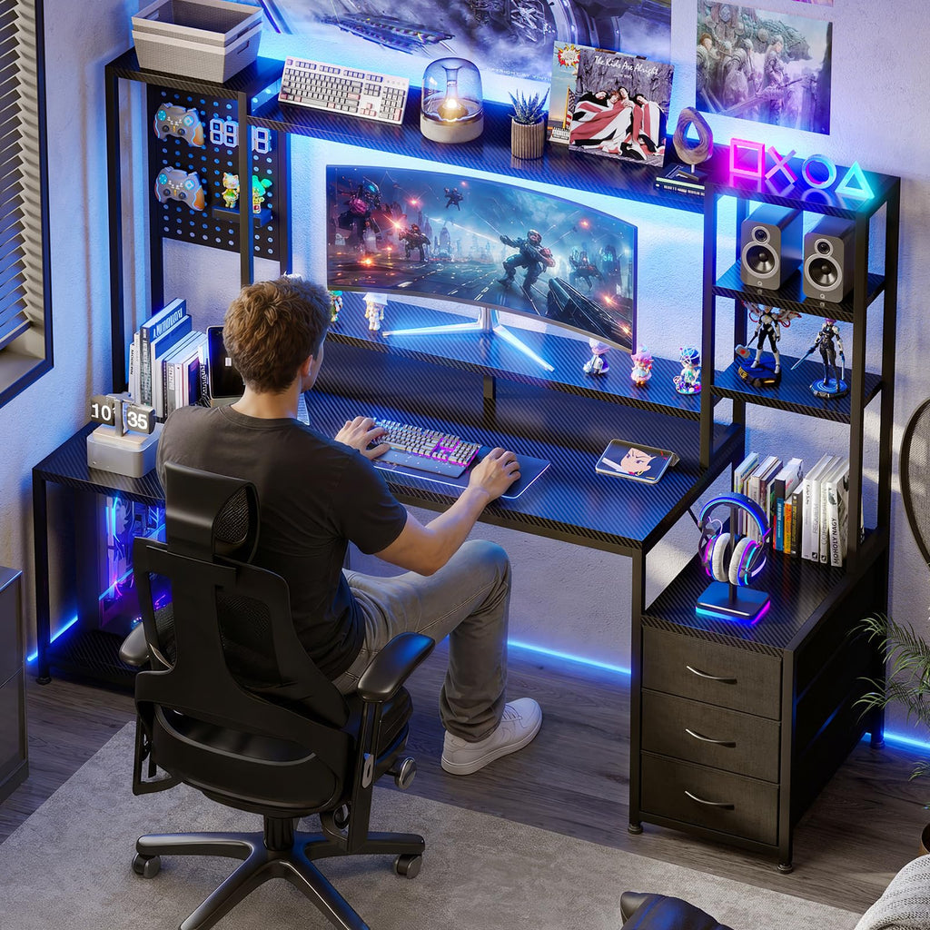 67 Inch Gaming Desk with Storage Shelves, 3 Drawers, LED Lights, Hutch I509
