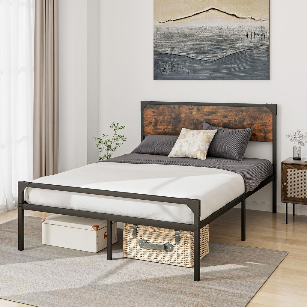Full Size Metal Platform Bed Frame with Rustic Headboard K171105
