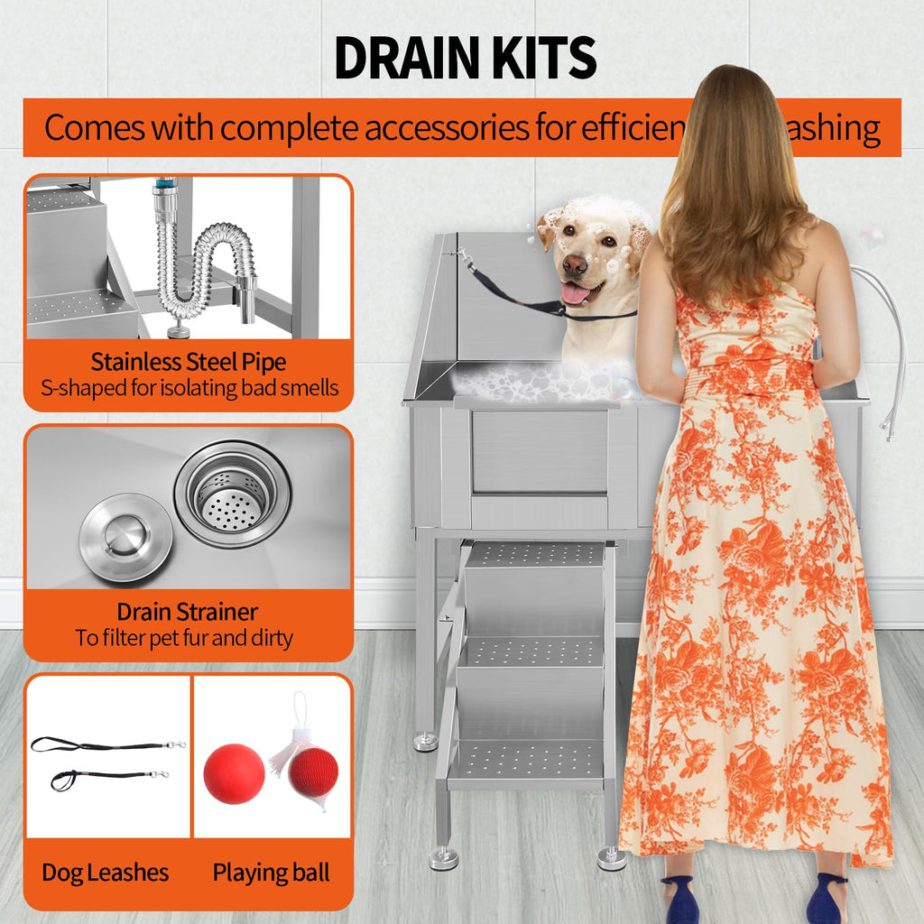 38" Stainless Steel Dog Washing Station with Stairs, Drain & Door E37252
