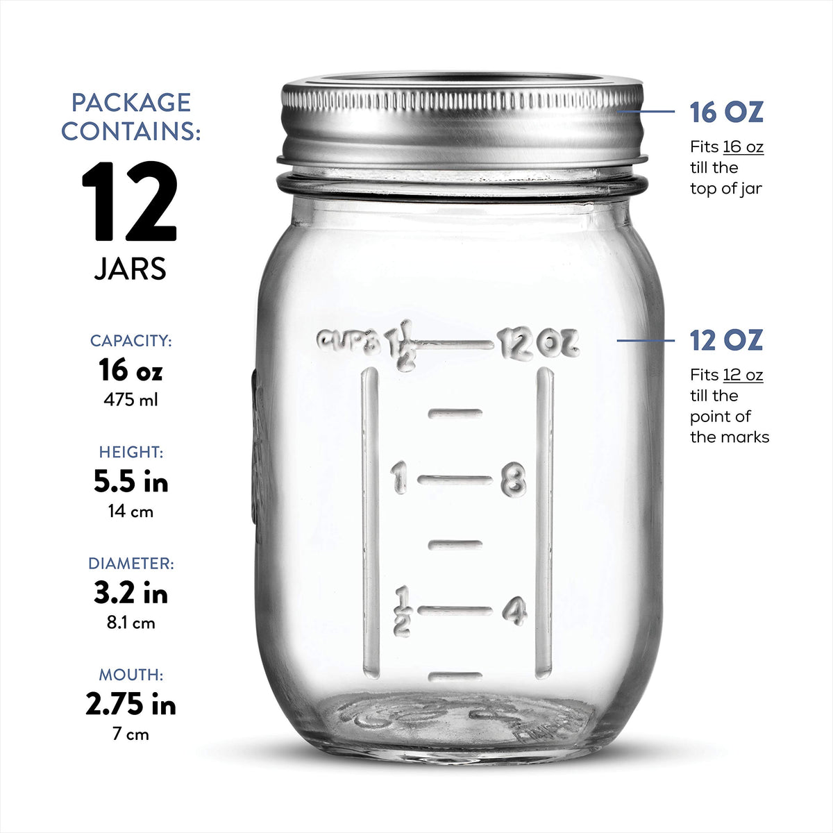 16 oz 12-Pack Regular Mouth Glass Jars with Lid & Seal Bands Y483459