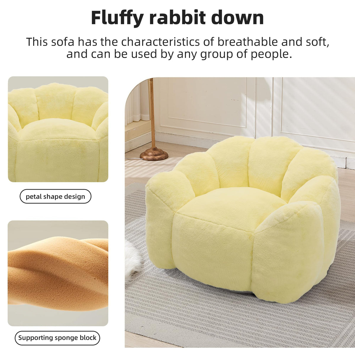 Large Yellow Faux Fur Bean Bag Chair J250381