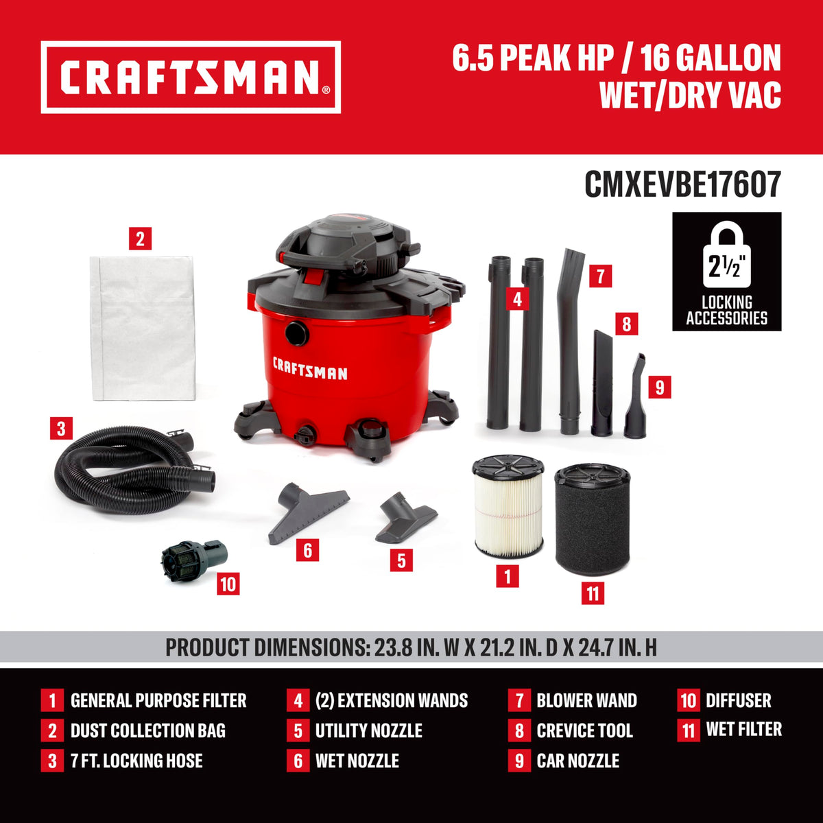 16 Gallon 6.5 Peak HP Wet Dry Vac with Detachable Blower X1990
