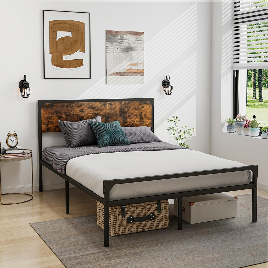 Full Size Metal Platform Bed Frame with Rustic Headboard K171105