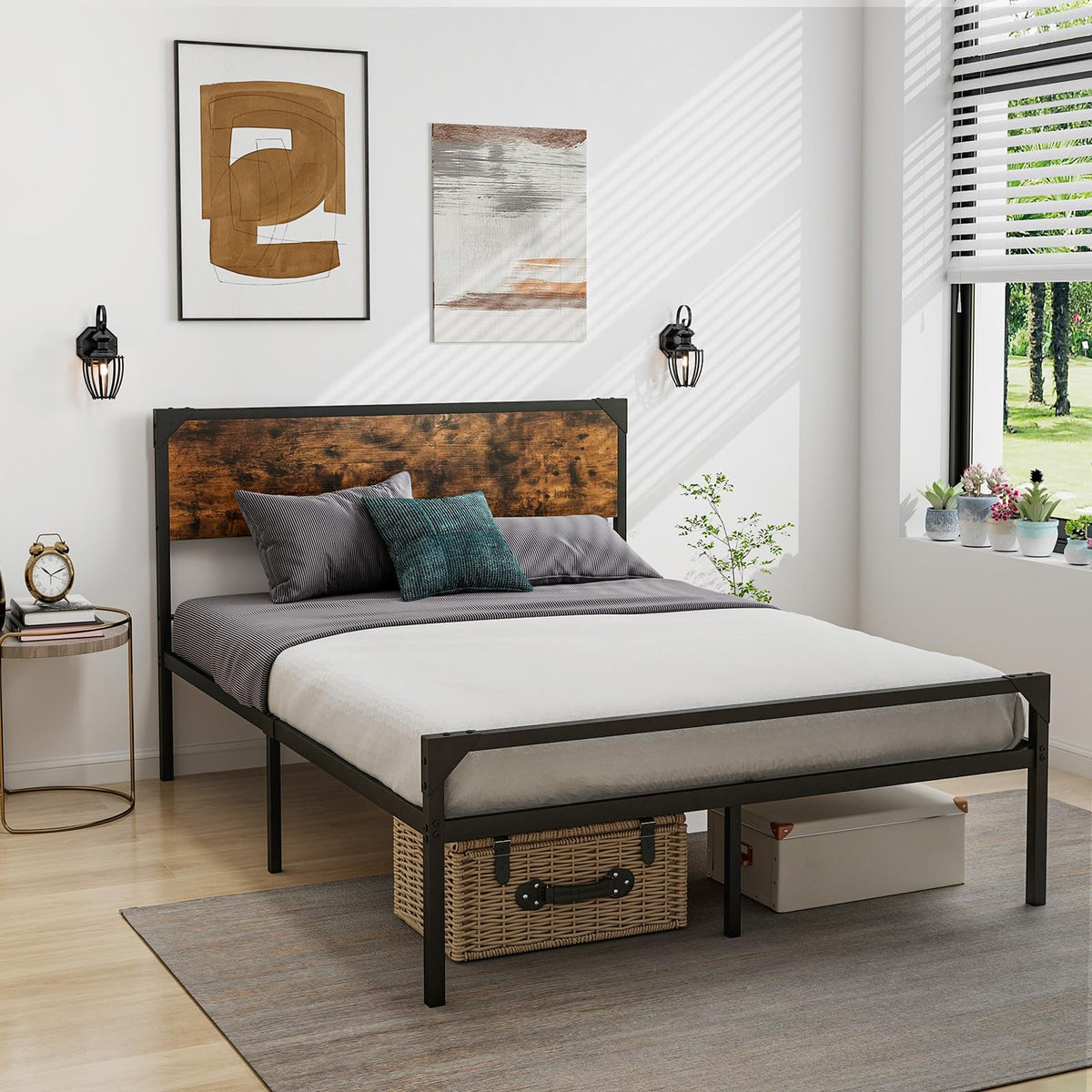 Full Size Metal Platform Bed Frame with Rustic Headboard K171105